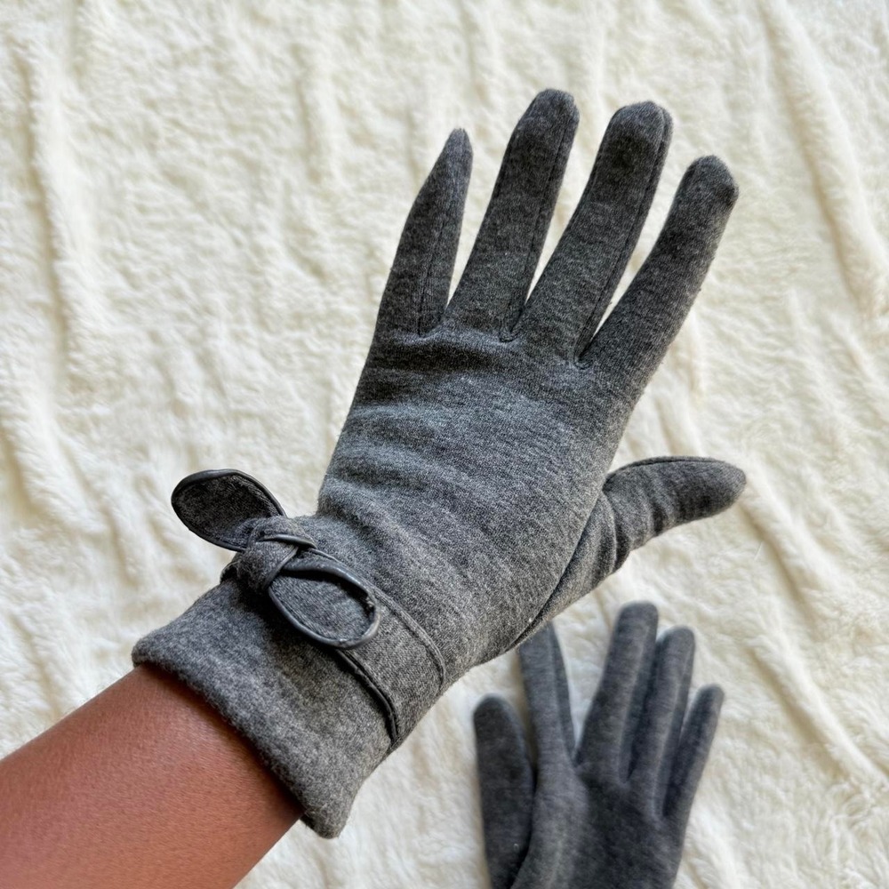 Women's S/M Gray Bow Detail Winter Gloves Soft
